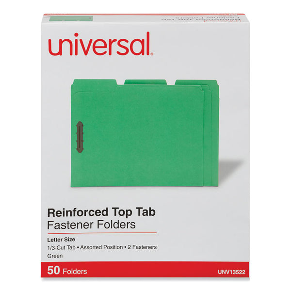 Universal® Deluxe Reinforced Top Tab Fastener Folders, 0.75" Expansion, 2 Fasteners, Letter Size, Green Exterior, 50/Box (UNV13522)