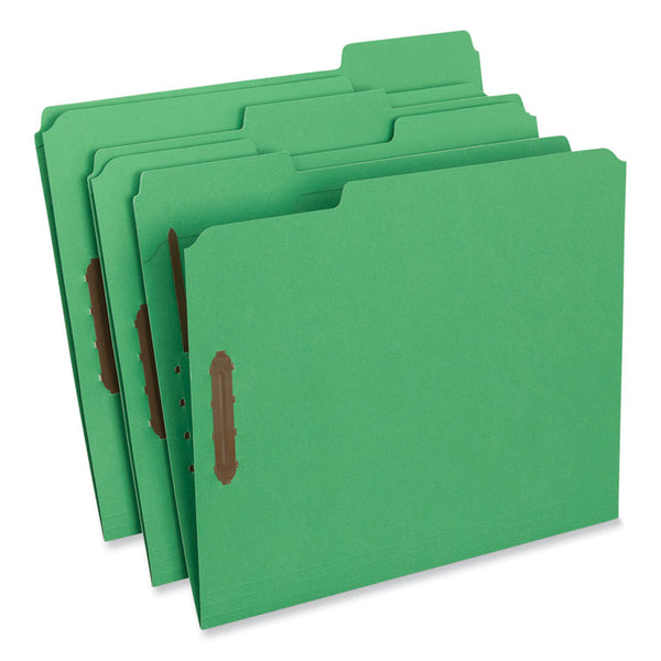 Universal® Deluxe Reinforced Top Tab Fastener Folders, 0.75" Expansion, 2 Fasteners, Letter Size, Green Exterior, 50/Box (UNV13522)