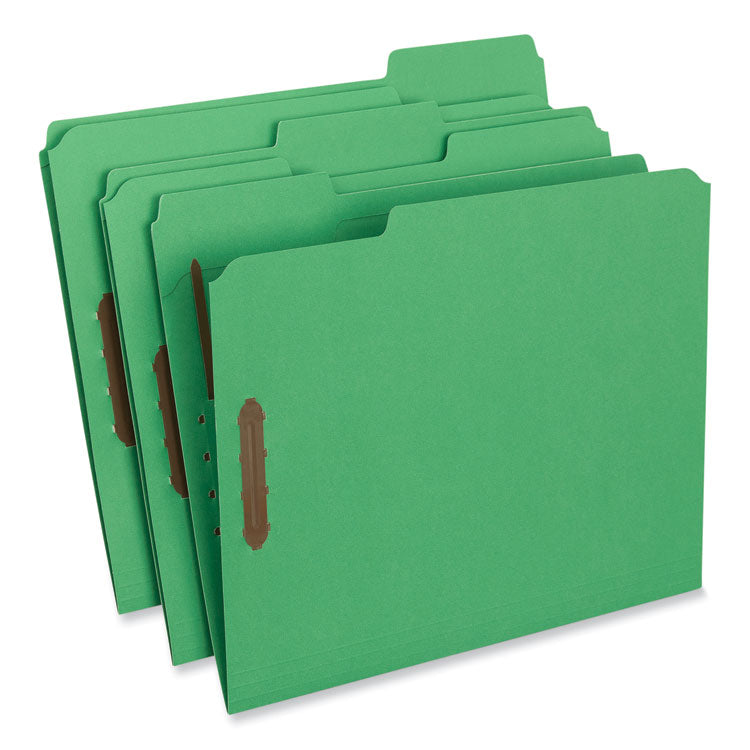 Universal® Deluxe Reinforced Top Tab Fastener Folders, 0.75" Expansion, 2 Fasteners, Letter Size, Green Exterior, 50/Box (UNV13522) Box of 50