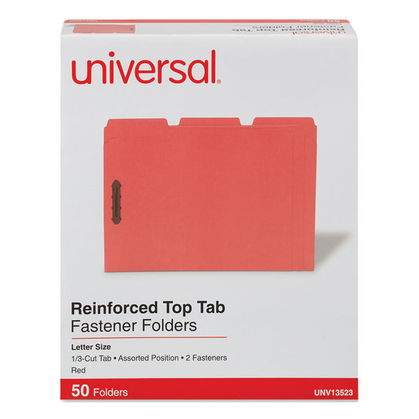 Universal® Deluxe Reinforced Top Tab Fastener Folders, 0.75" Expansion, 2 Fasteners, Letter Size, Red Exterior, 50/Box (UNV13523)