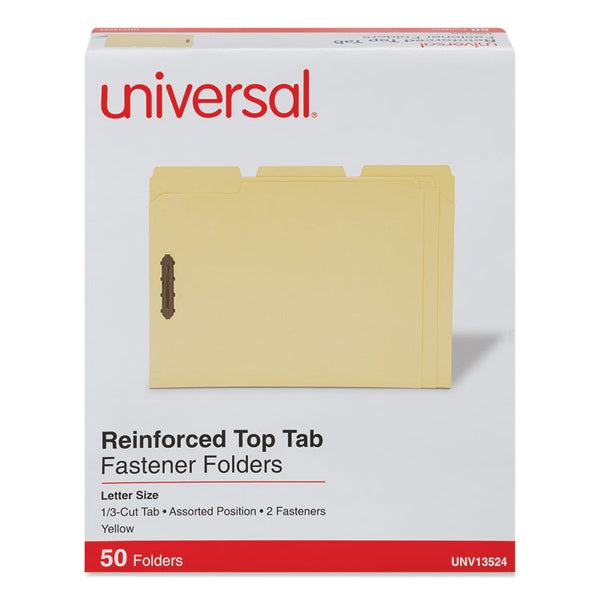 Universal® Deluxe Reinforced Top Tab Fastener Folders, 0.75" Expansion, 2 Fasteners, Letter Size, Yellow Exterior, 50/Box (UNV13524)