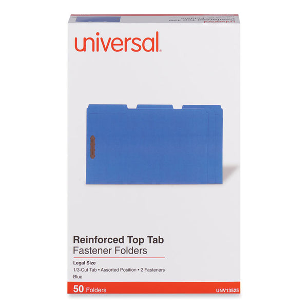 Universal® Deluxe Reinforced Top Tab Fastener Folders, 0.75" Expansion, 2 Fasteners, Legal Size, Blue Exterior, 50/Box (UNV13525)