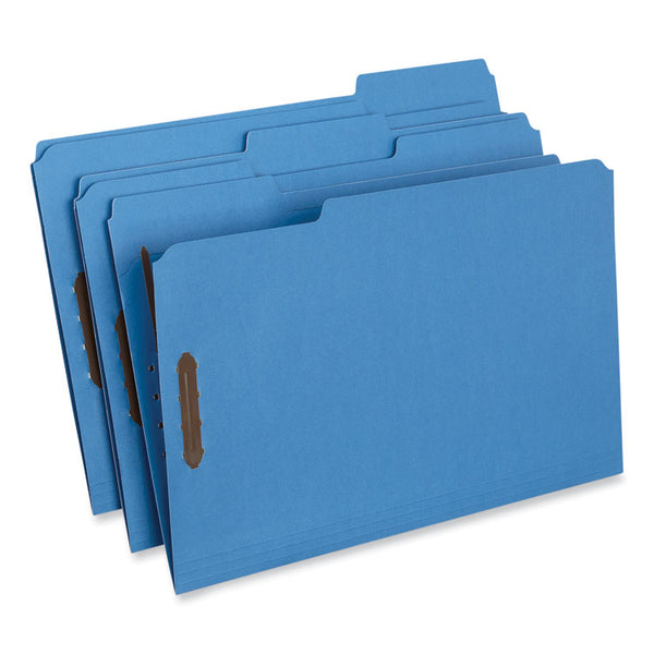 Universal® Deluxe Reinforced Top Tab Fastener Folders, 0.75" Expansion, 2 Fasteners, Legal Size, Blue Exterior, 50/Box (UNV13525)