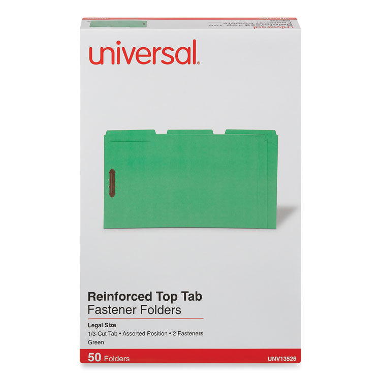 Universal® Deluxe Reinforced Top Tab Fastener Folders, 0.75" Expansion, 2 Fasteners, Legal Size, Green Exterior, 50/Box (UNV13526)