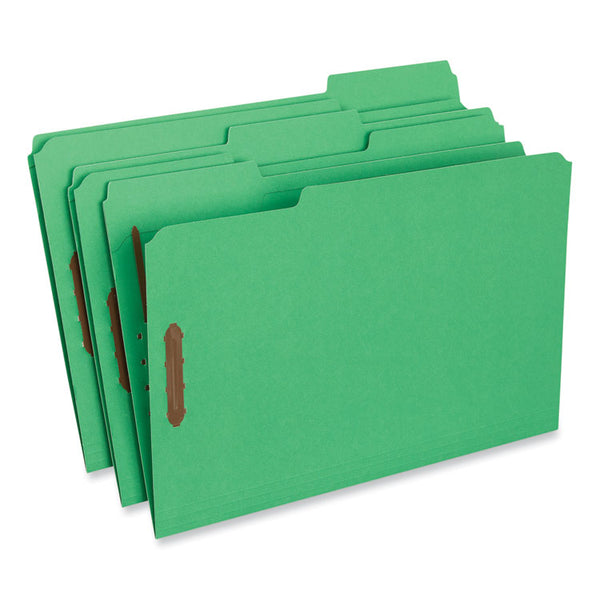 Universal® Deluxe Reinforced Top Tab Fastener Folders, 0.75" Expansion, 2 Fasteners, Legal Size, Green Exterior, 50/Box (UNV13526)