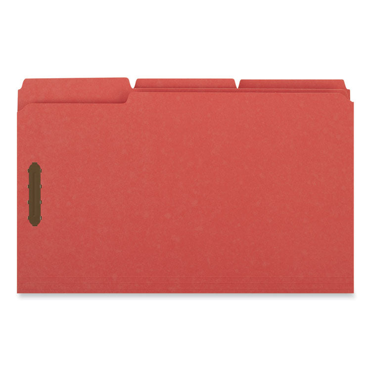 Universal® Deluxe Reinforced Top Tab Fastener Folders, 0.75" Expansion, 2 Fasteners, Legal Size, Red Exterior, 50/Box (UNV13527)