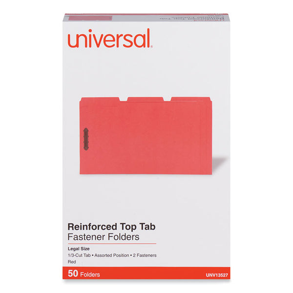 Universal® Deluxe Reinforced Top Tab Fastener Folders, 0.75" Expansion, 2 Fasteners, Legal Size, Red Exterior, 50/Box (UNV13527)