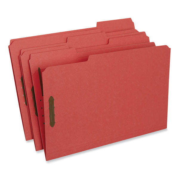 Universal® Deluxe Reinforced Top Tab Fastener Folders, 0.75" Expansion, 2 Fasteners, Legal Size, Red Exterior, 50/Box (UNV13527)