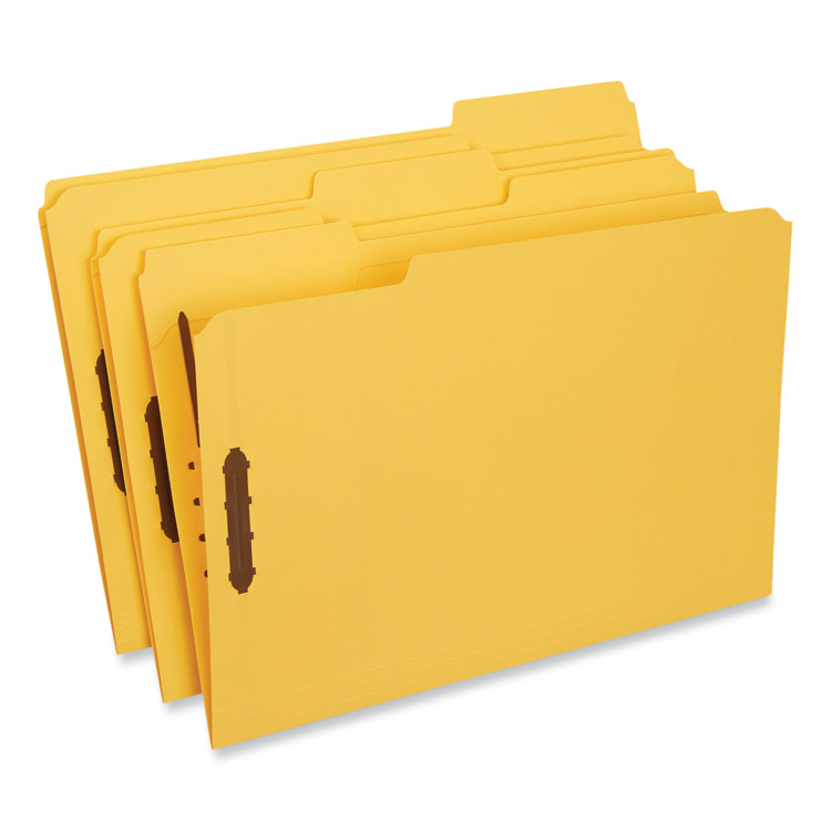 Universal® Deluxe Reinforced Top Tab Fastener Folders, 0.75" Expansion, 2 Fasteners, Legal Size, Yellow Exterior, 50/Box (UNV13528)