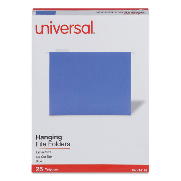 Universal® Deluxe Bright Color Hanging File Folders, Letter Size, 1/5-Cut Tabs, Blue, 25/Box (UNV14116)