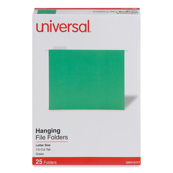 Universal® Deluxe Bright Color Hanging File Folders, Letter Size, 1/5-Cut Tabs, Bright Green, 25/Box (UNV14117)