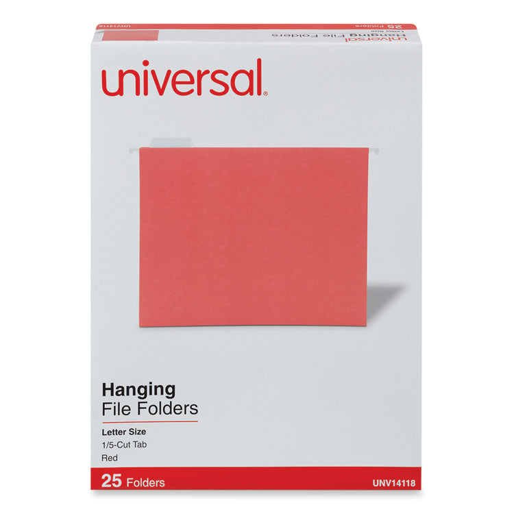 Universal® Deluxe Bright Color Hanging File Folders, Letter Size, 1/5-Cut Tabs, Red, 25/Box (UNV14118) Box of 25