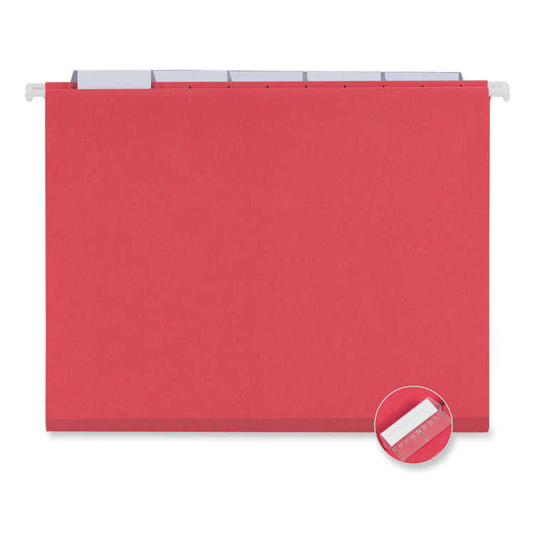 Universal® Deluxe Bright Color Hanging File Folders, Letter Size, 1/5-Cut Tabs, Red, 25/Box (UNV14118) Box of 25