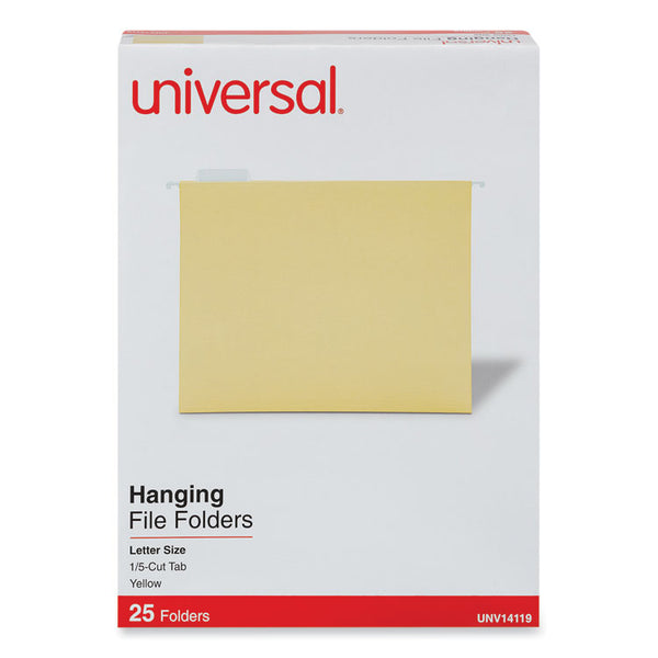 Universal® Deluxe Bright Color Hanging File Folders, Letter Size, 1/5-Cut Tabs, Yellow, 25/Box (UNV14119)