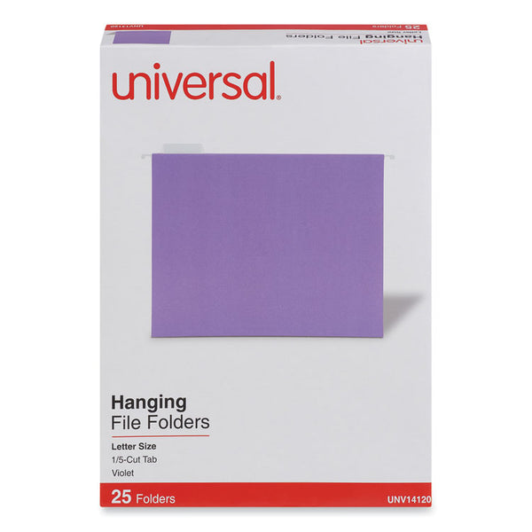 Universal® Deluxe Bright Color Hanging File Folders, Letter Size, 1/5-Cut Tabs, Violet, 25/Box (UNV14120)