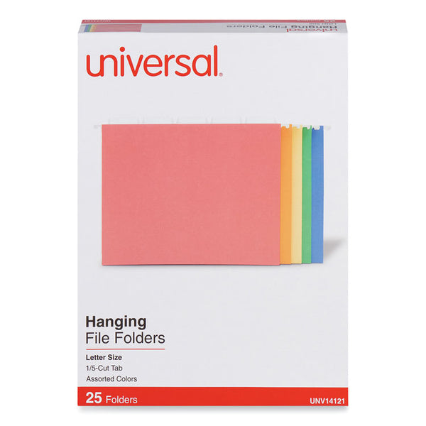 Universal® Deluxe Bright Color Hanging File Folders, Letter Size, 1/5-Cut Tabs, Assorted Colors, 25/Box (UNV14121)