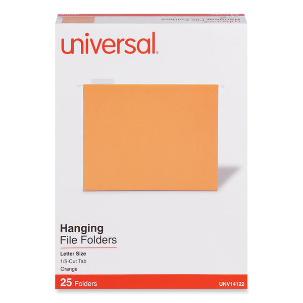 Universal® Deluxe Bright Color Hanging File Folders, Letter Size, 1/5-Cut Tabs, Orange, 25/Box (UNV14122)