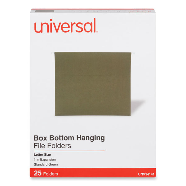 Universal® Box Bottom Hanging File Folders, 1" Capacity, Letter Size, 1/5-Cut Tabs, Standard Green, 25/Box (UNV14141)