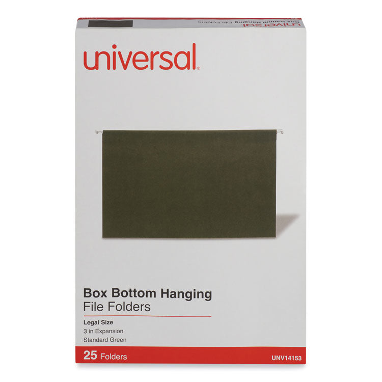 Universal® Box Bottom Hanging File Folders, 3" Capacity, Legal Size, 1/5-Cut Tabs, Standard Green, 25/Box (UNV14153) Box of 25