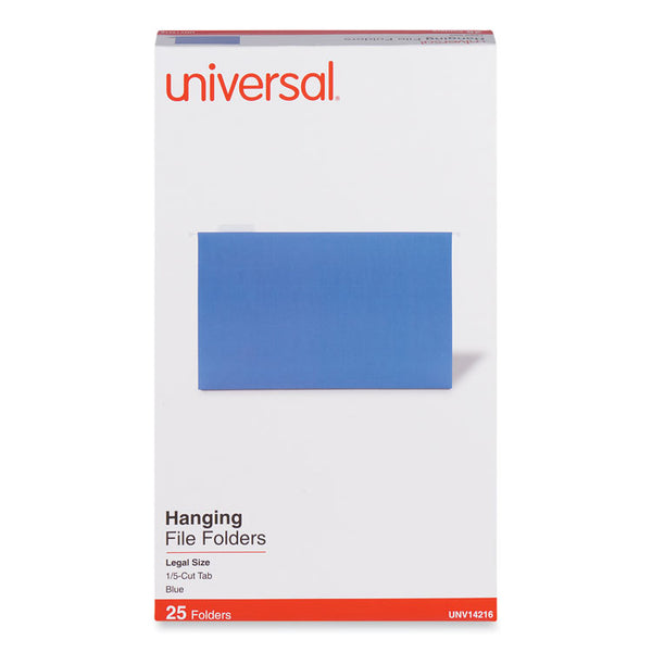 Universal® Deluxe Bright Color Hanging File Folders, Legal Size, 1/5-Cut Tabs, Blue, 25/Box (UNV14216)