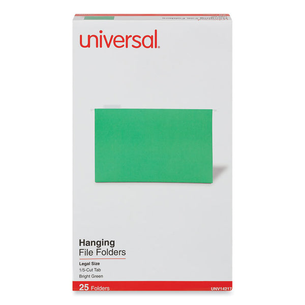 Universal® Deluxe Bright Color Hanging File Folders, Legal Size, 1/5-Cut Tabs, Bright Green, 25/Box (UNV14217)