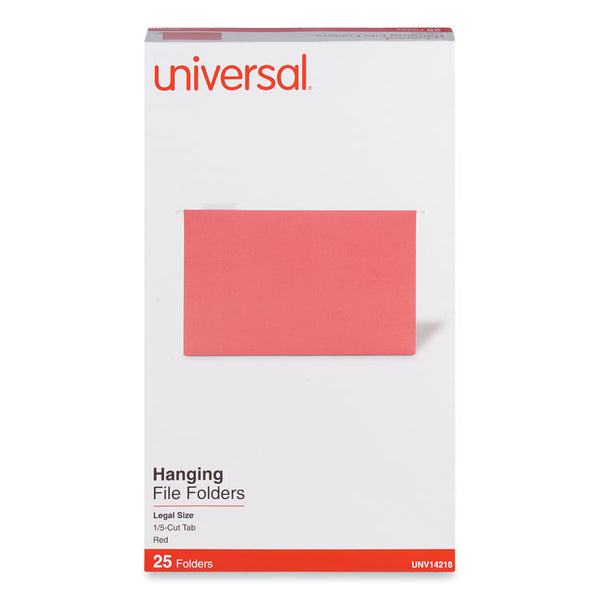 Universal® Deluxe Bright Color Hanging File Folders, Legal Size, 1/5-Cut Tabs, Red, 25/Box (UNV14218)