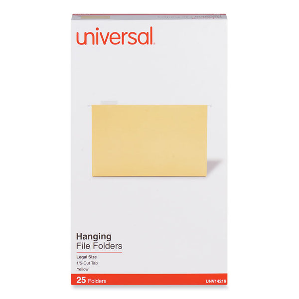 Universal® Deluxe Bright Color Hanging File Folders, Legal Size, 1/5-Cut Tabs, Yellow, 25/Box (UNV14219)