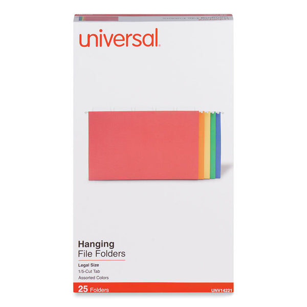 Universal® Deluxe Bright Color Hanging File Folders, Legal Size, 1/5-Cut Tabs, Assorted Colors, 25/Box (UNV14221)