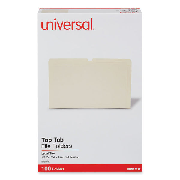 Universal® Top Tab File Folders, 1/2-Cut Tabs: Assorted, Legal Size, 0.75" Expansion, Manila, 100/Box (UNV15112)