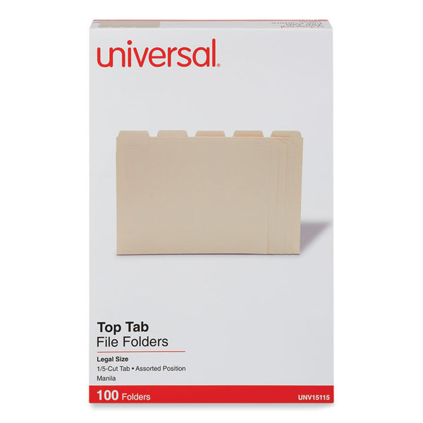 Universal® Top Tab File Folders, 1/5-Cut Tabs: Assorted, Legal Size, 0.75" Expansion, Manila, 100/Box (UNV15115)