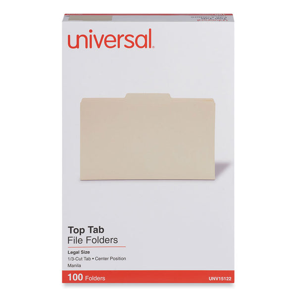 Universal® Top Tab File Folders, 1/3-Cut Tabs: Center Position, Legal Size, 0.75" Expansion, Manila, 100/Box (UNV15122)