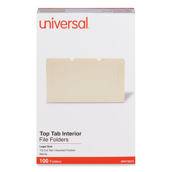 Universal® Interior File Folders, 1/3-Cut Tabs: Assorted, Legal Size, 9.5-pt Manila, 100/Box (UNV15213)