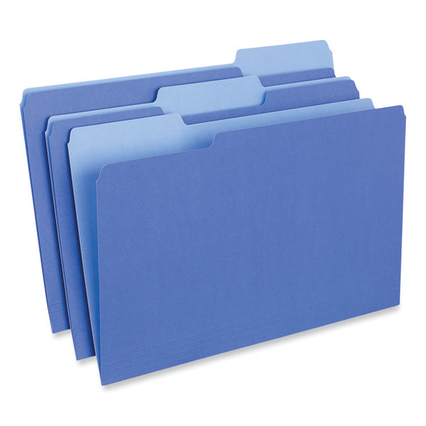 Universal® Interior File Folders, 1/3-Cut Tabs: Assorted, Legal Size, 11-pt Stock, Blue, 100/Box (UNV15301)