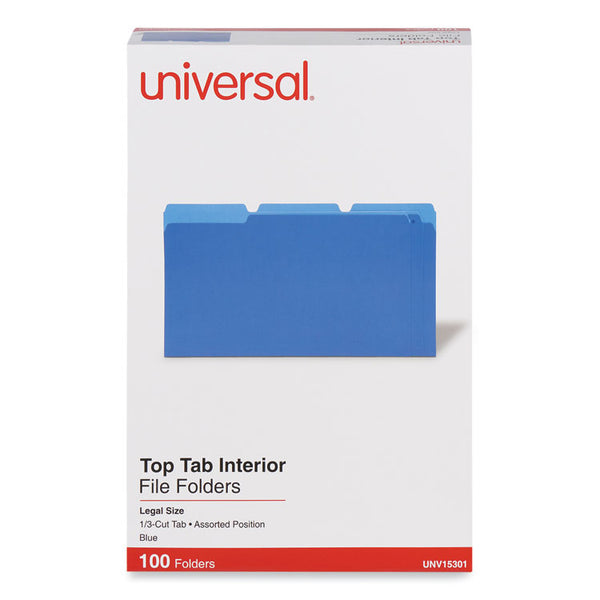 Universal® Interior File Folders, 1/3-Cut Tabs: Assorted, Legal Size, 11-pt Stock, Blue, 100/Box (UNV15301)