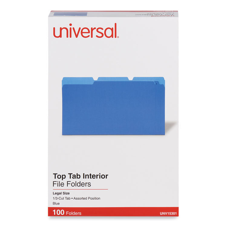 Universal® Interior File Folders, 1/3-Cut Tabs: Assorted, Legal Size, 11-pt Stock, Blue, 100/Box (UNV15301) Box of 100