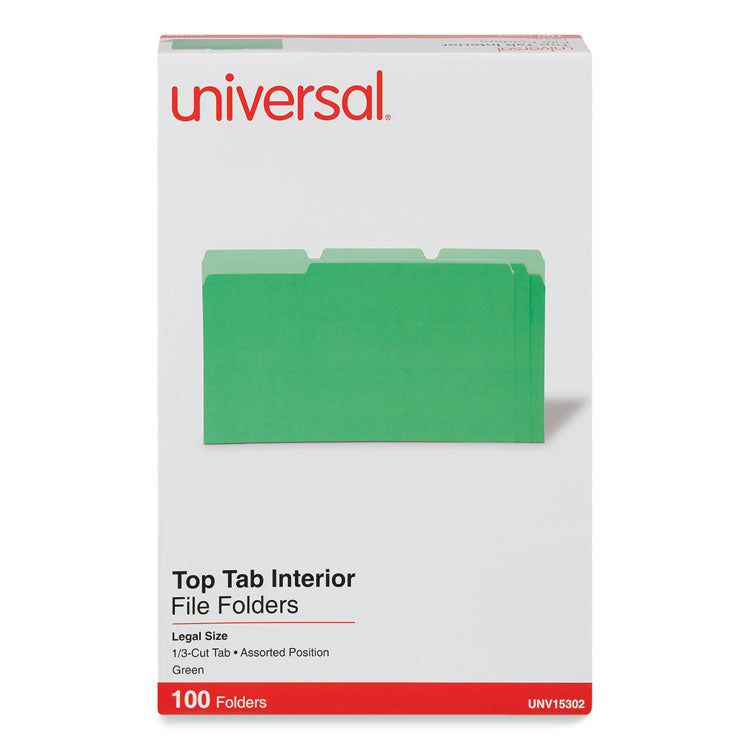 Universal® Interior File Folders, 1/3-Cut Tabs: Assorted, Legal Size, 11-pt Stock, Green, 100/Box (UNV15302) Box of 100