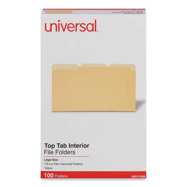 Universal® Interior File Folders, 1/3-Cut Tabs: Assorted, Legal Size, 11-pt Stock, Yellow, 100/Box (UNV15304)