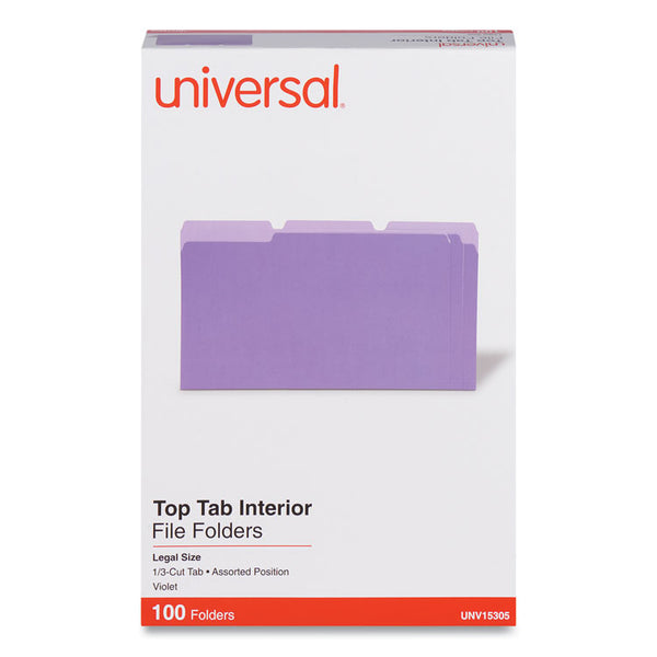 Universal® Interior File Folders, 1/3-Cut Tabs: Assorted, Legal Size, 11-pt Stock, Violet, 100/Box (UNV15305)