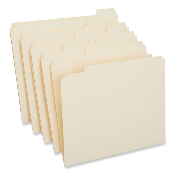 Universal® Double-Ply Top Tab Manila File Folders, 1/5-Cut Tabs: Assorted, Letter Size, 0.75" Expansion, Manila, 100/Box (UNV16115)