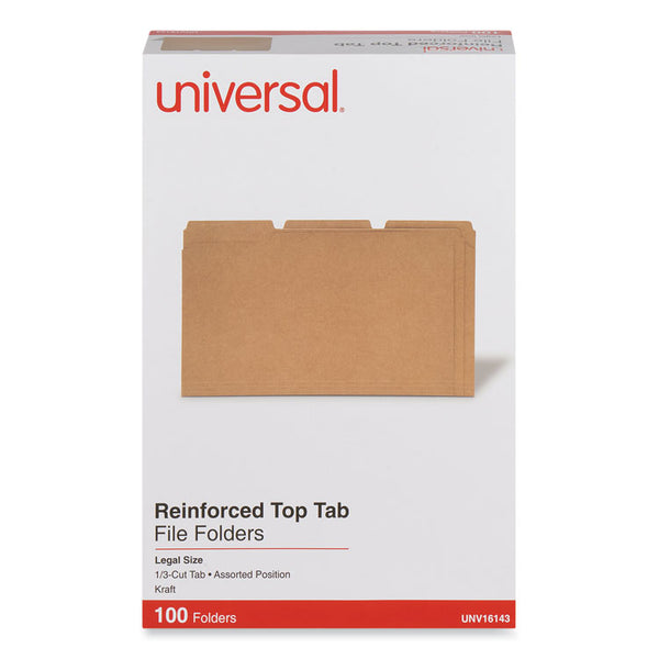 Universal® Reinforced Kraft Top Tab File Folders, 1/3-Cut Tabs: Assorted, Legal Size, 0.75" Expansion, Brown, 100/Box (UNV16143)