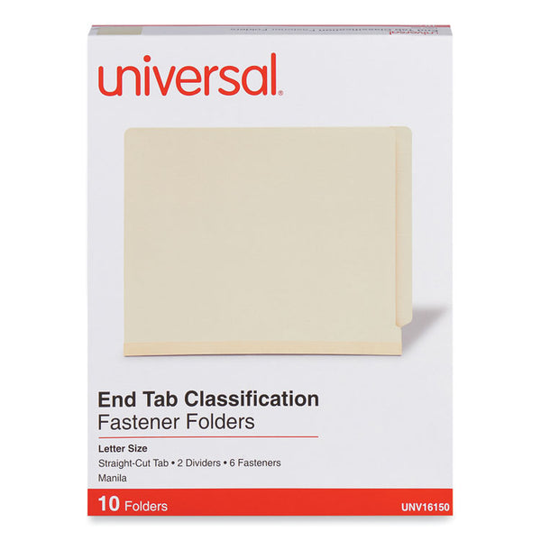 Universal® Six-Section Manila End Tab Classification Folders, 2" Expansion, 2 Dividers, 6 Fasteners, Letter Size, Manila, 10/Box (UNV16150)