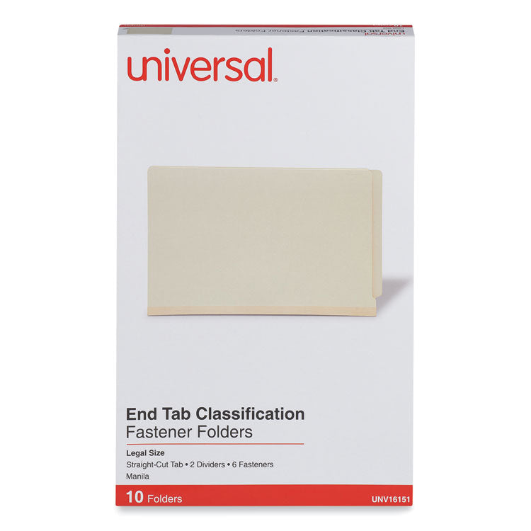 Universal® Six-Section Manila End Tab Classification Folders, 2" Expansion, 2 Dividers, 6 Fasteners, Legal Size, Manila Exterior, 10/Box (UNV16151)