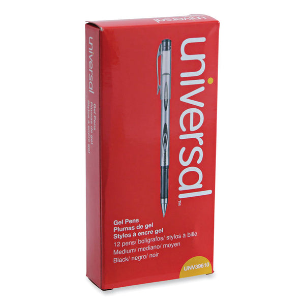 Universal™ Gel Pen, Stick, Medium 0.7 mm, Black Ink, Silver/Black Barrel, Dozen (UNV39620)