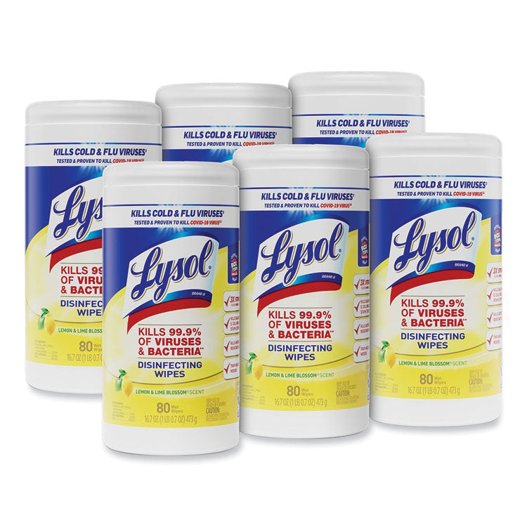 LYSOL® Brand Disinfecting Wipes, 1-Ply, 7 x 7.25, Lemon and Lime Blossom, White, 80 Wipes/Canister, 6 Canisters/Carton (RAC77182CT)