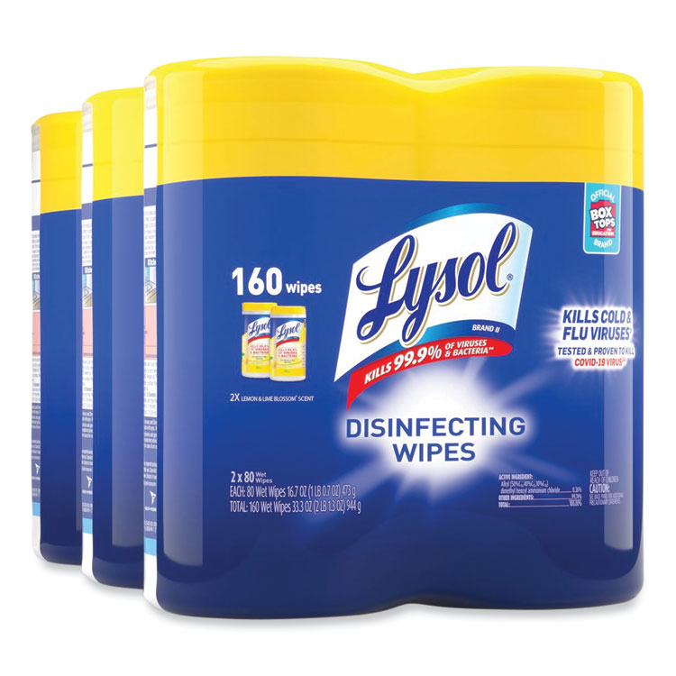 LYSOL® Brand Disinfecting Wipes, 1-Ply, 7 x 7.25, Lemon and Lime Blossom, White, 80 Wipes/Canister, 2 Canisters/Pack, 3 Packs/Carton (RAC80296) Case of 3 Packs