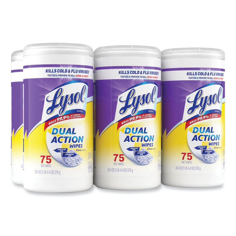 LYSOL® Brand Dual Action Disinfecting Wipes, 1-Ply, 7 x 7.5, Citrus, White/Purple, 75/Canister (RAC81700)