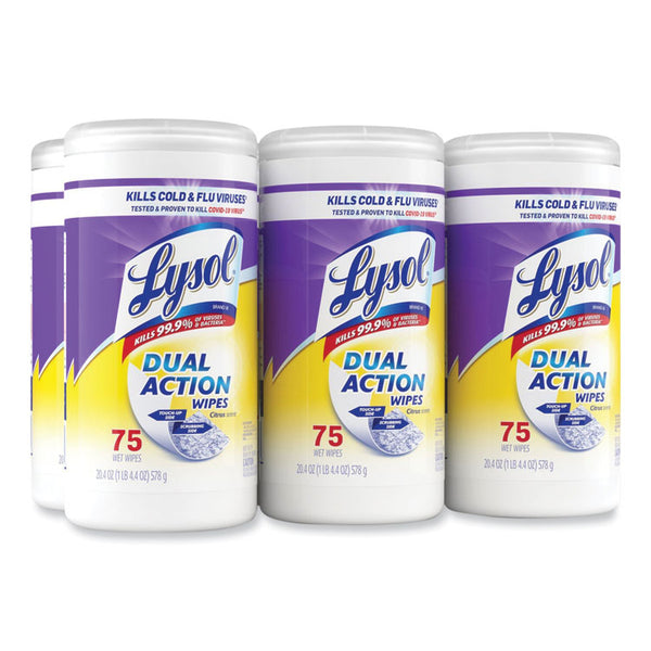 LYSOL® Brand Dual Action Disinfecting Wipes, 1-Ply, 7 x 7.5, Citrus, White/Purple, 75/Canister, 6 Canisters/Carton (RAC81700CT)