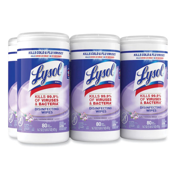 LYSOL® Brand Disinfecting Wipes, 1-Ply, 7 x 7.25, Early Morning Breeze, White, 80 Wipes/Canister, 6 Canisters/Carton (RAC89347CT)