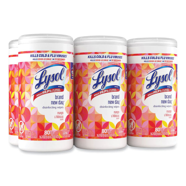 LYSOL® Brand Disinfecting Wipes, 1-Ply, 7 x 7.25, Mango and Hibiscus, White, 80 Wipes/Canister, 6 Canisters/Carton (RAC97181) Case of 6