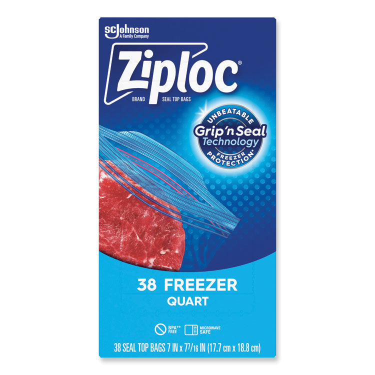 Ziploc® Double Zipper Freezer Bags, 1 qt, 2.7 mil, 6.97" x 7.7", Clear, 38 Bags/Box, 9 Boxes/Carton (SJN314444)